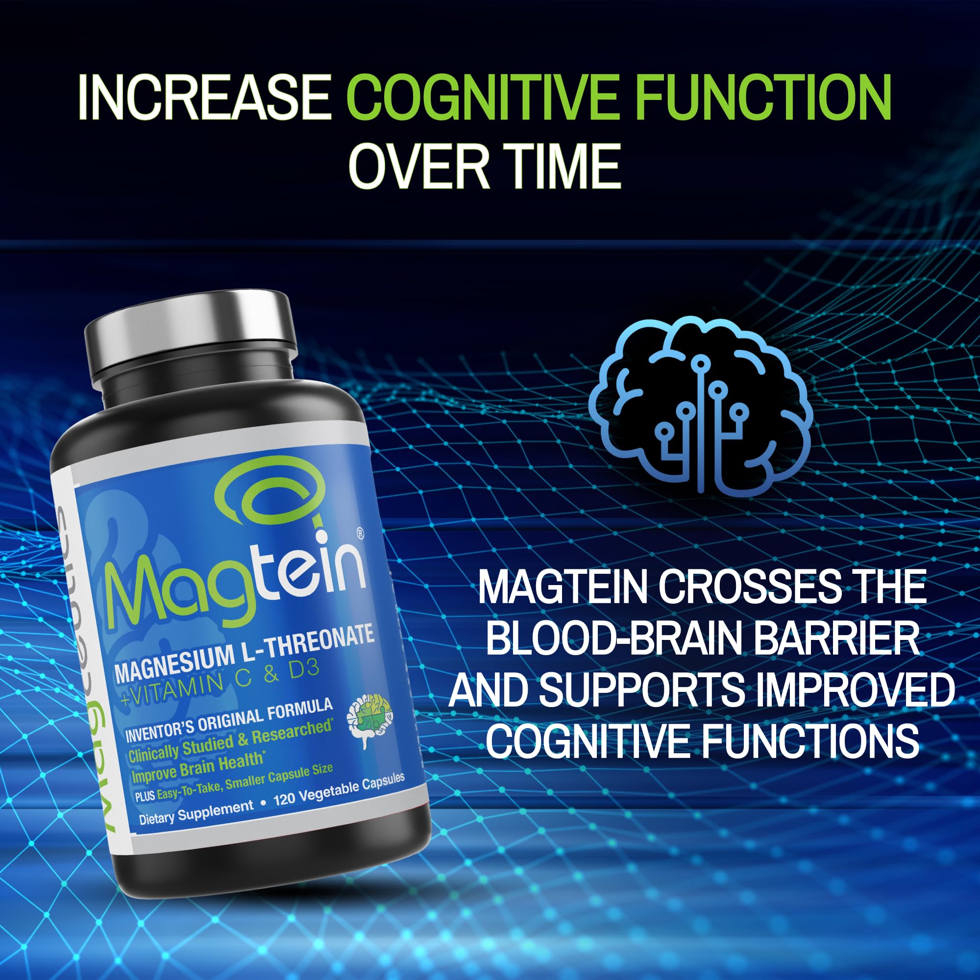 Magceutics Magtein bottle beside clock suggesting daily routine for focus and rest