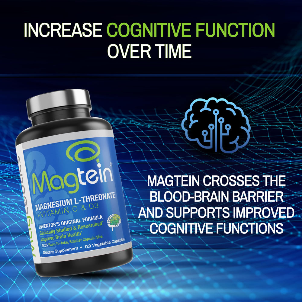 Magceutics Magtein bottle beside clock suggesting daily routine for focus and rest