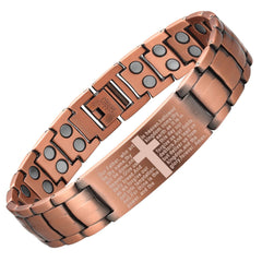 MagEnergy copper bracelet cross design close-up showing hypoallergenic comfort for sensitive skin