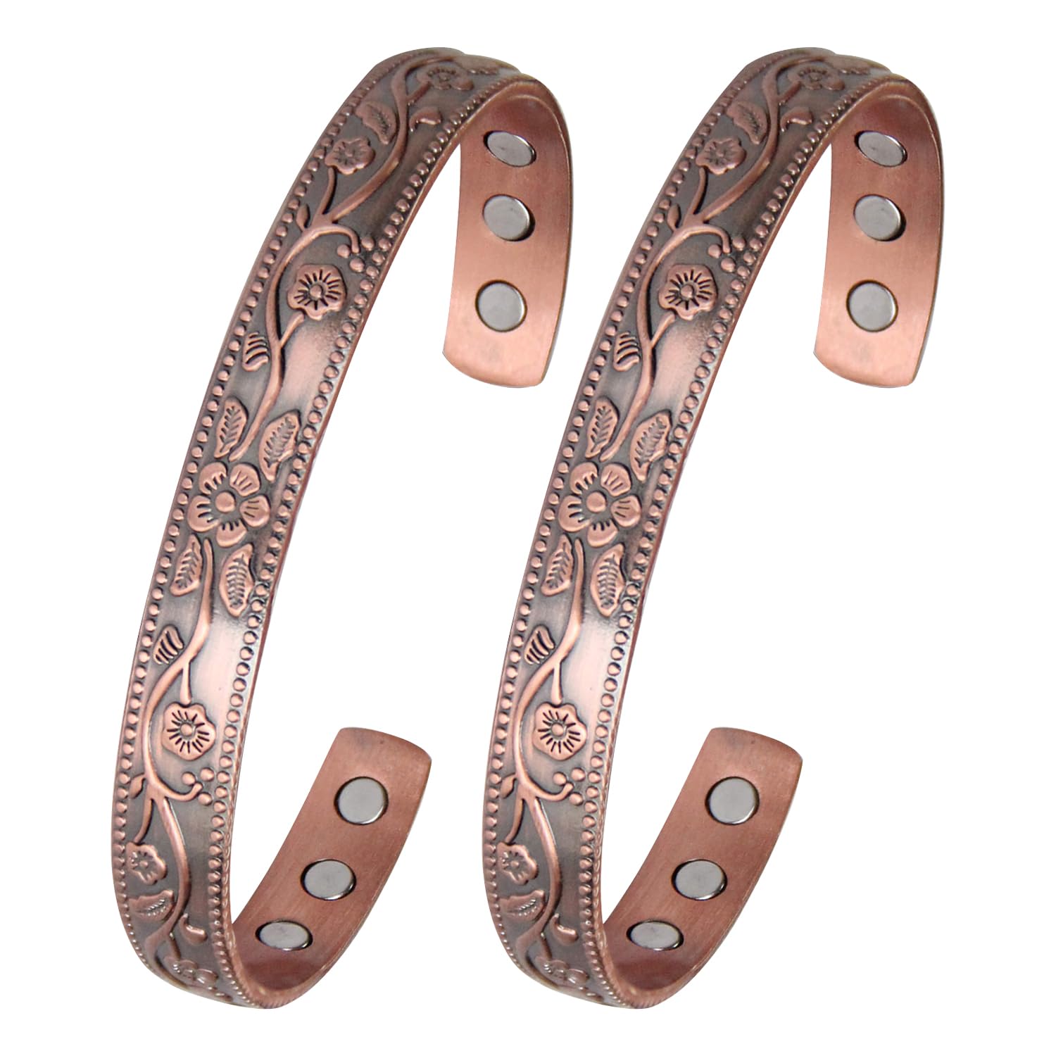 MagEnergy copper bracelet close-up with vintage flower design and pure copper quality.