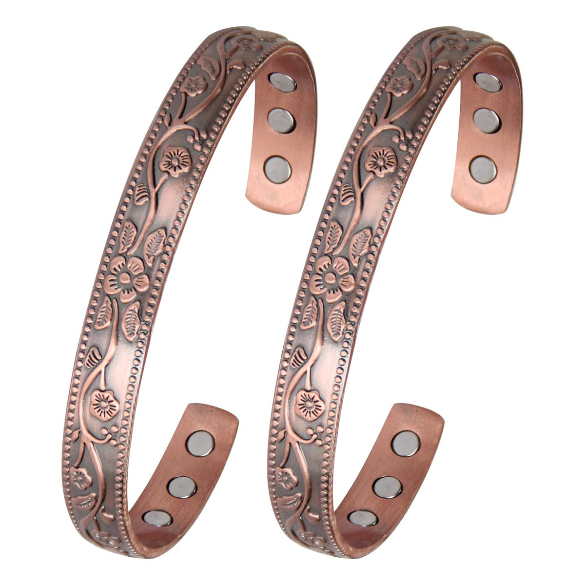 MagEnergy copper bracelet close-up with vintage flower design and pure copper quality.