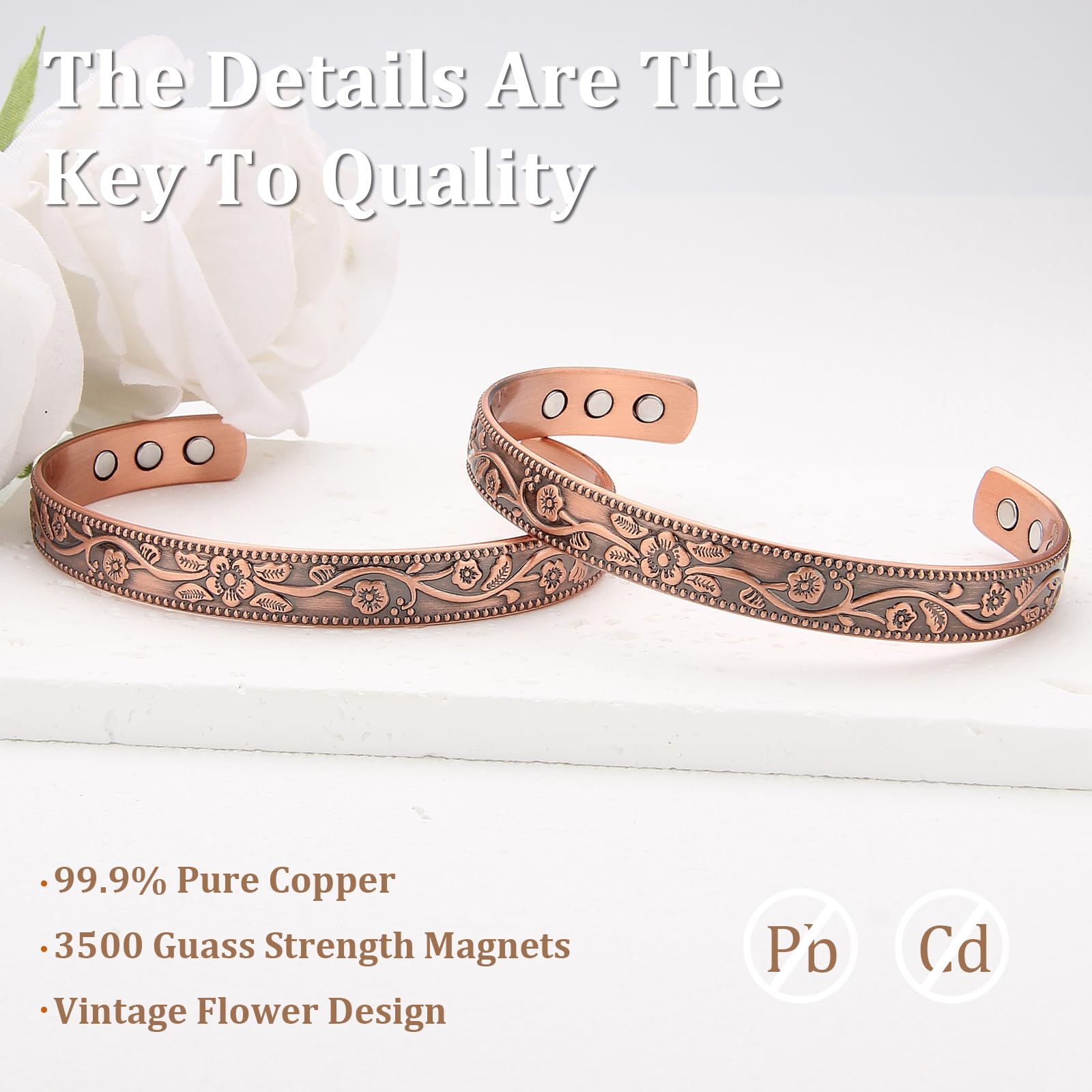 MagEnergy vintage flower pattern bracelet, stylish daily accessory.