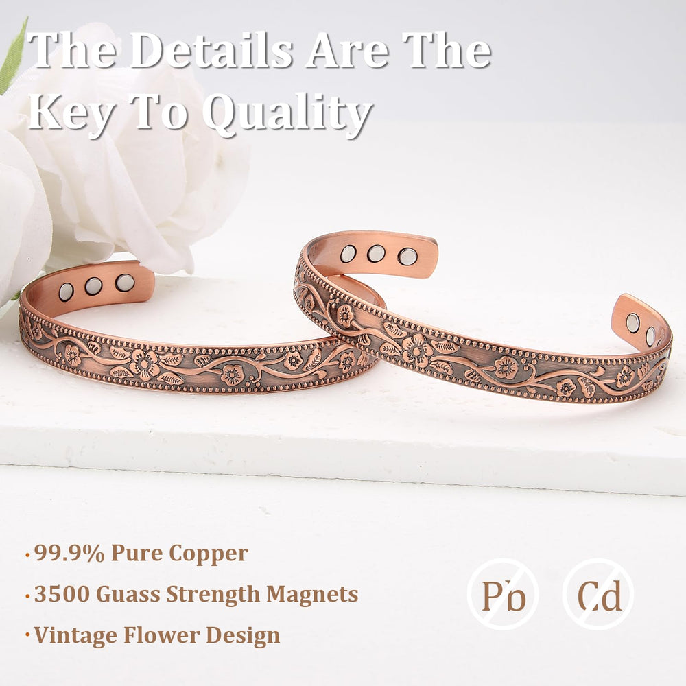 MagEnergy vintage flower pattern bracelet, stylish daily accessory.