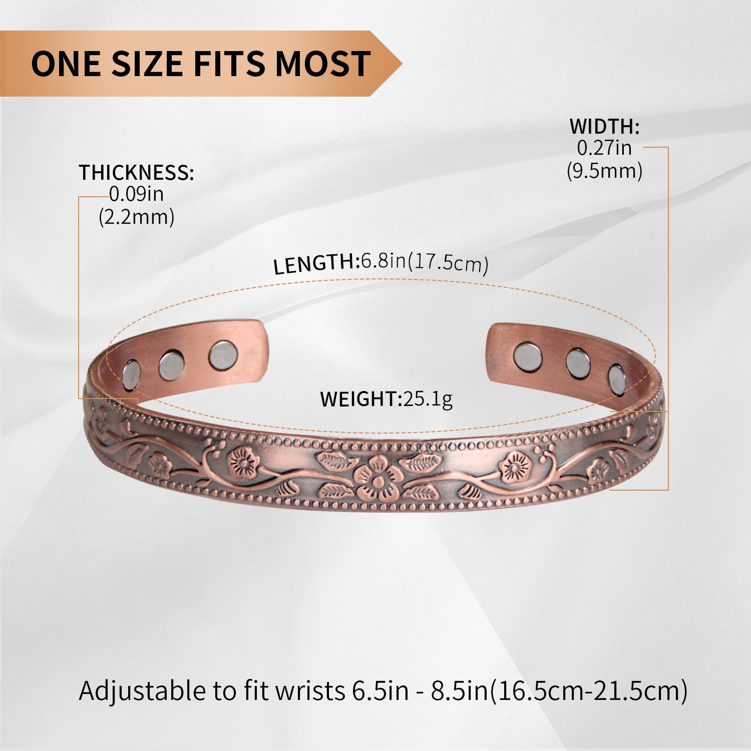 MagEnergy vintage flower pattern on copper bracelet with smooth edges for safety.