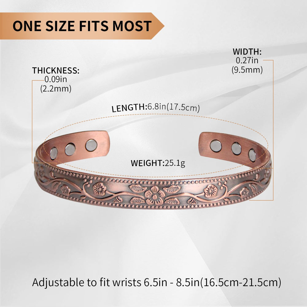 MagEnergy vintage flower pattern on copper bracelet with smooth edges for safety.