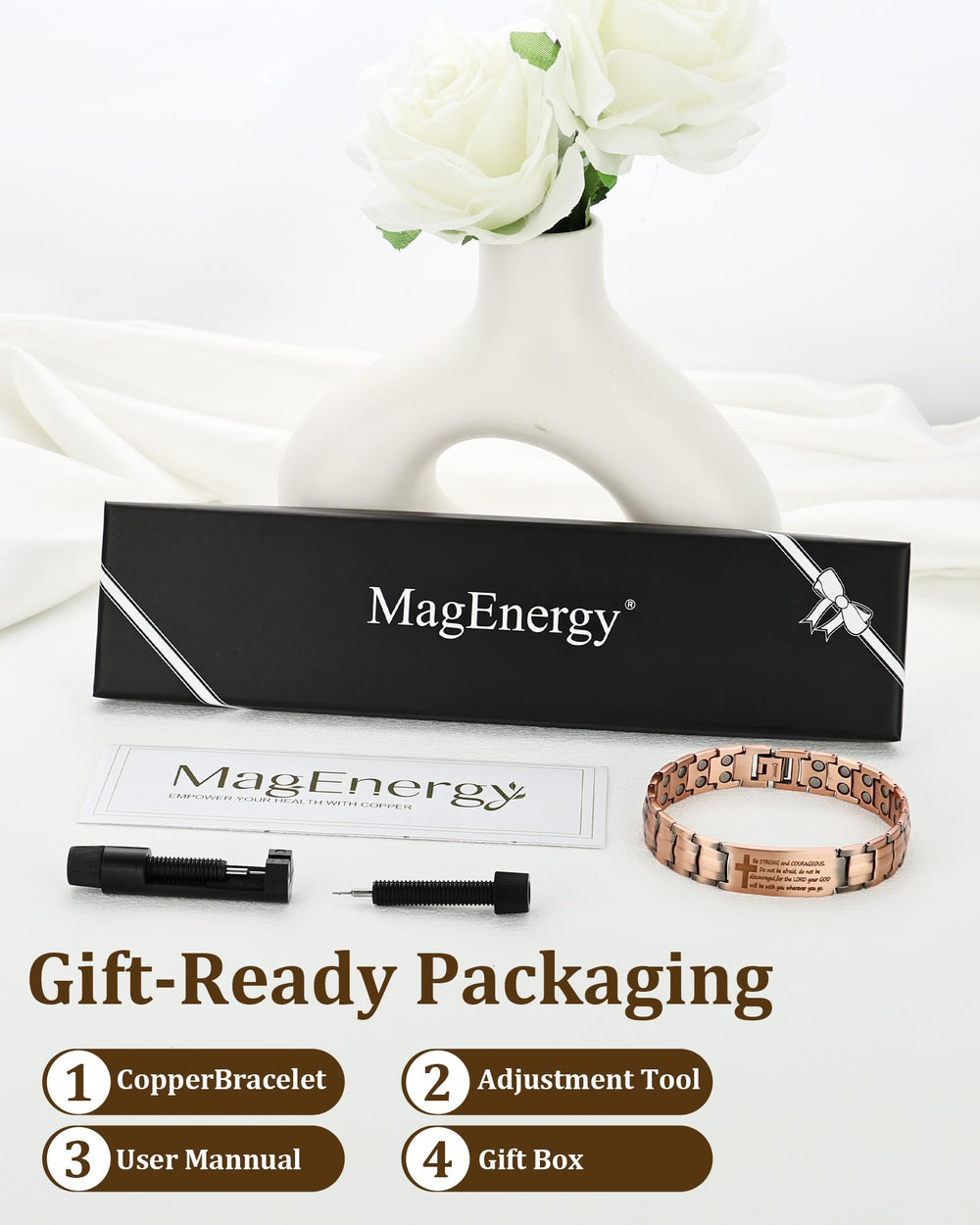 Wrist wearing MagEnergy bracelet provides secure clasp and comfortable wear.