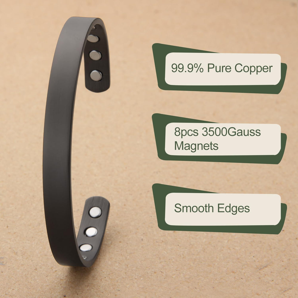 MagEnergy copper bracelet on wrist displaying adjustable 6.8-inch fit