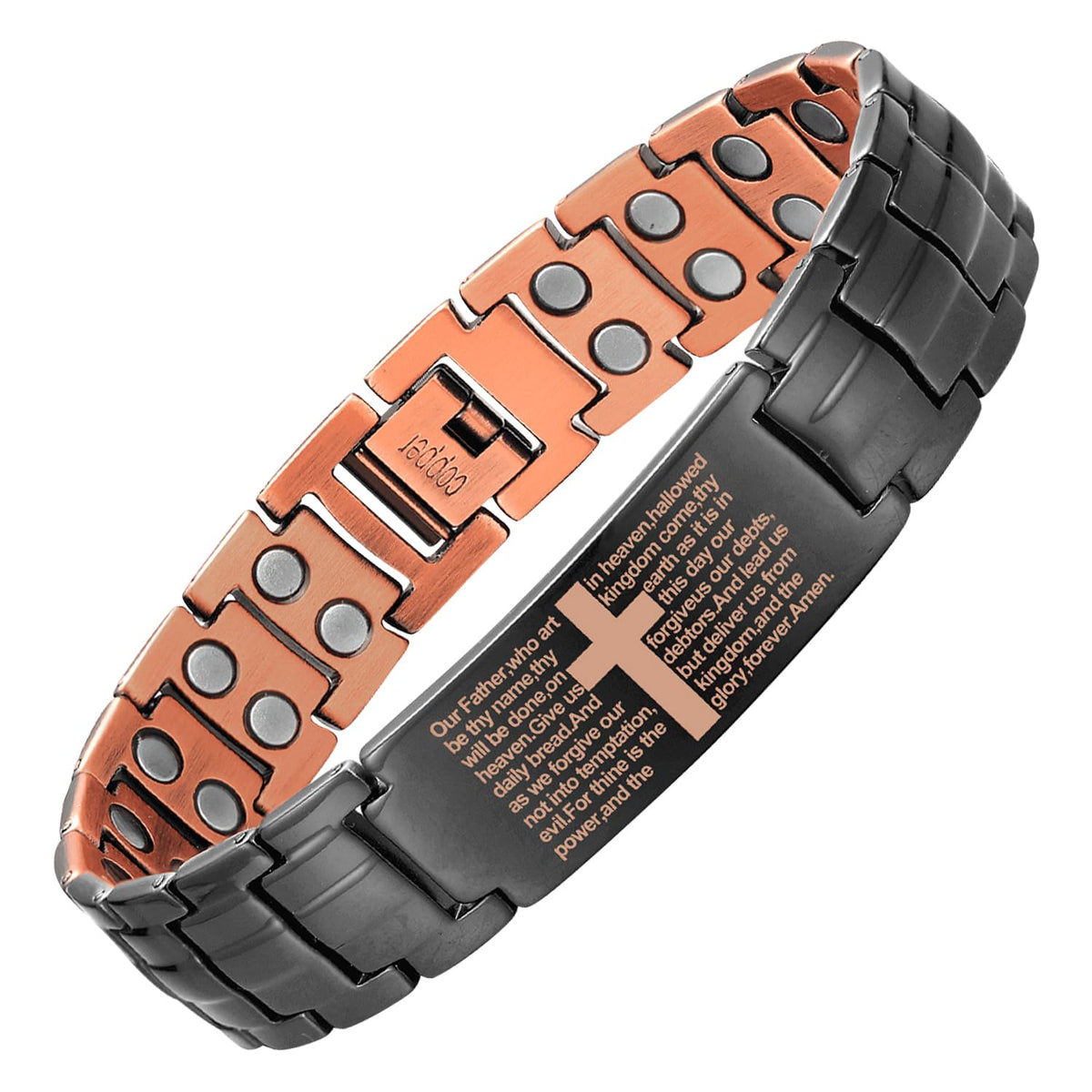 MagEnergy copper cross bracelet close-up showing hypoallergenic finish for daily wear.