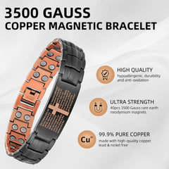 MagEnergy copper cross bracelet on wrist highlighting adjustable sizing for a perfect fit.