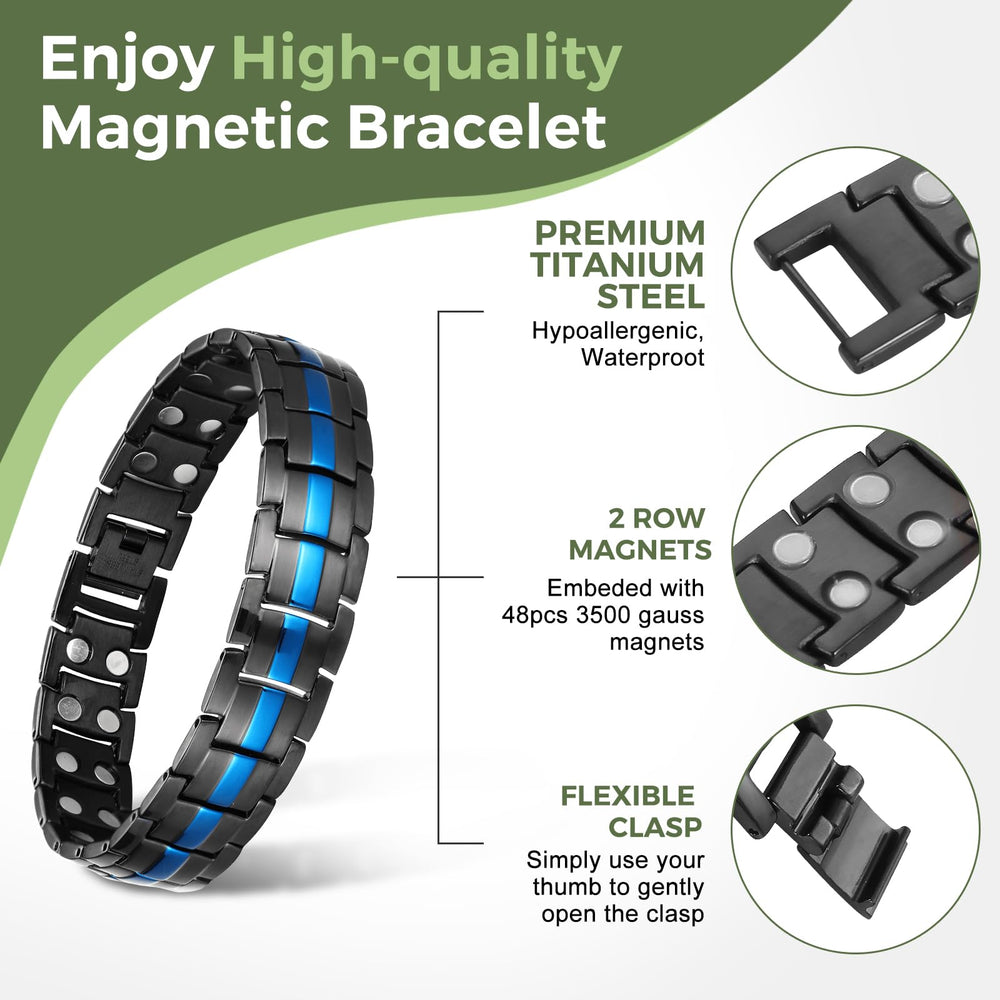 MagEnergy adjustable 9-inch bracelet with sizing tool for a precise fit.