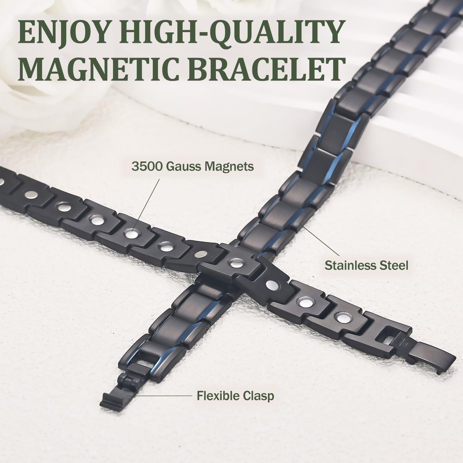 MagEnergy magnetic bracelet closeup magnets reveals 14 powerful neodymium magnets in action.