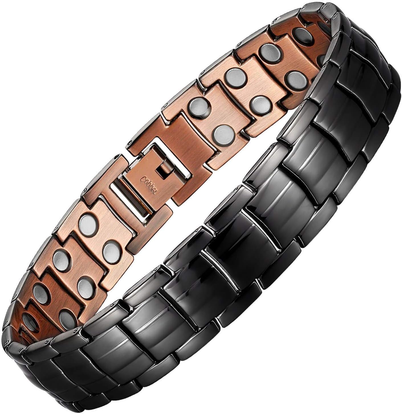 MagEnergy men's copper magnetic bracelet close-up highlighting 46 magnets for balanced wear