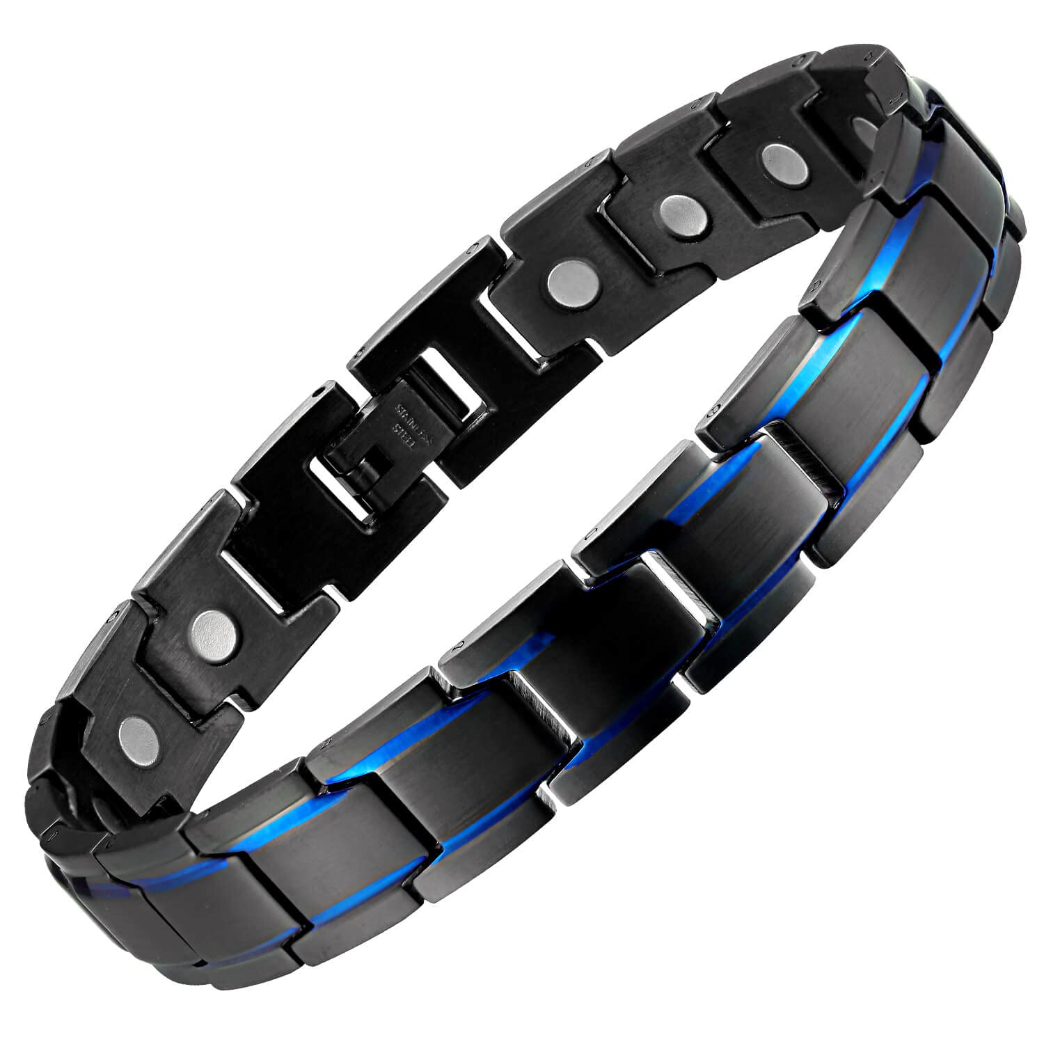 MagEnergy men's magnetic bracelet front view shows sleek black finish with blue accents for everyday wear.