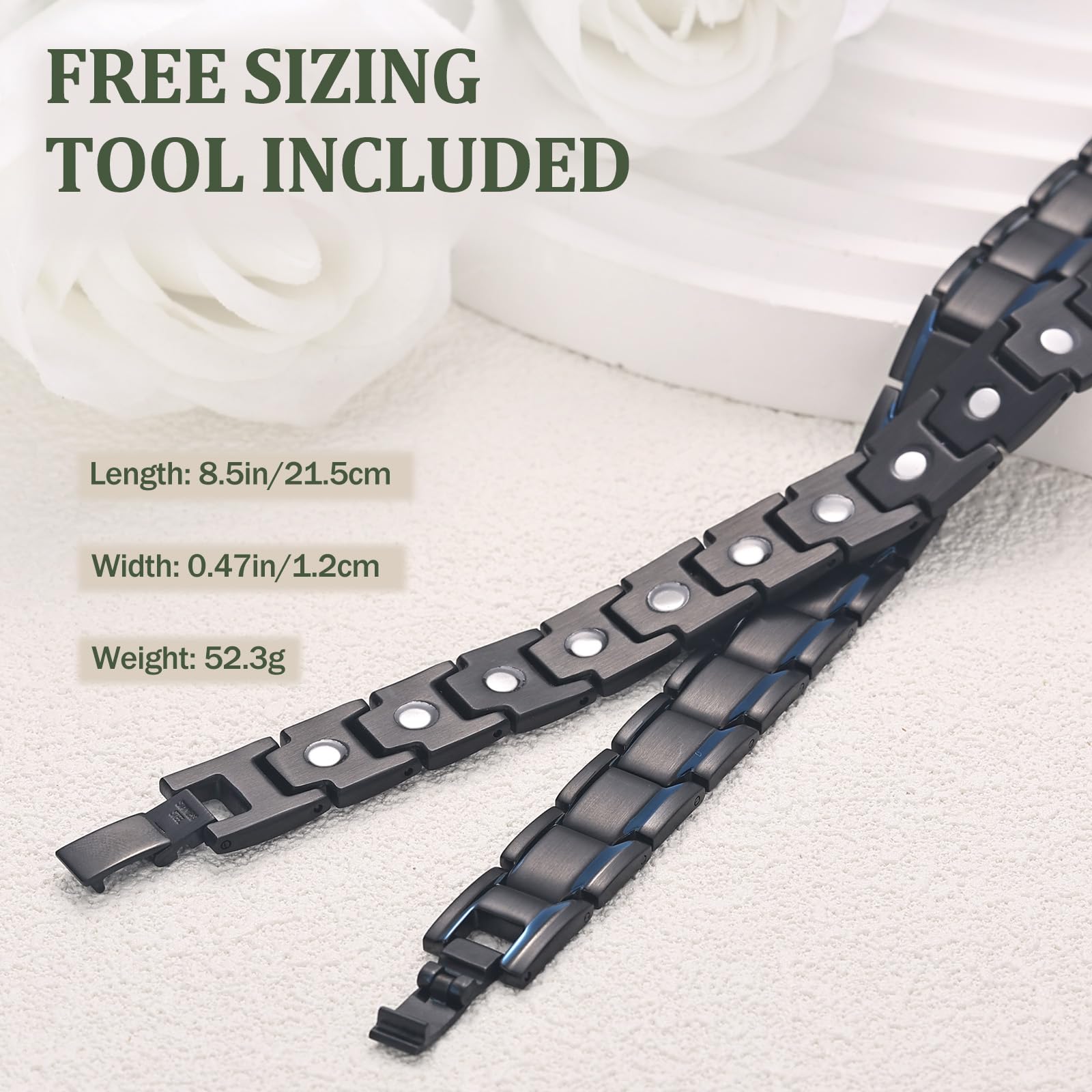 MagEnergy men's magnetic bracelet side view highlights adjustable fit for comfortable daily use.