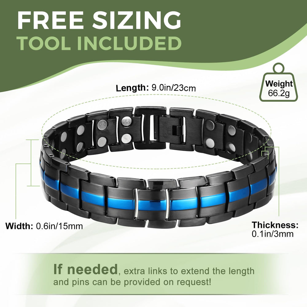 MagEnergy titanium steel bracelet, waterproof and hypoallergenic for all-day wear.