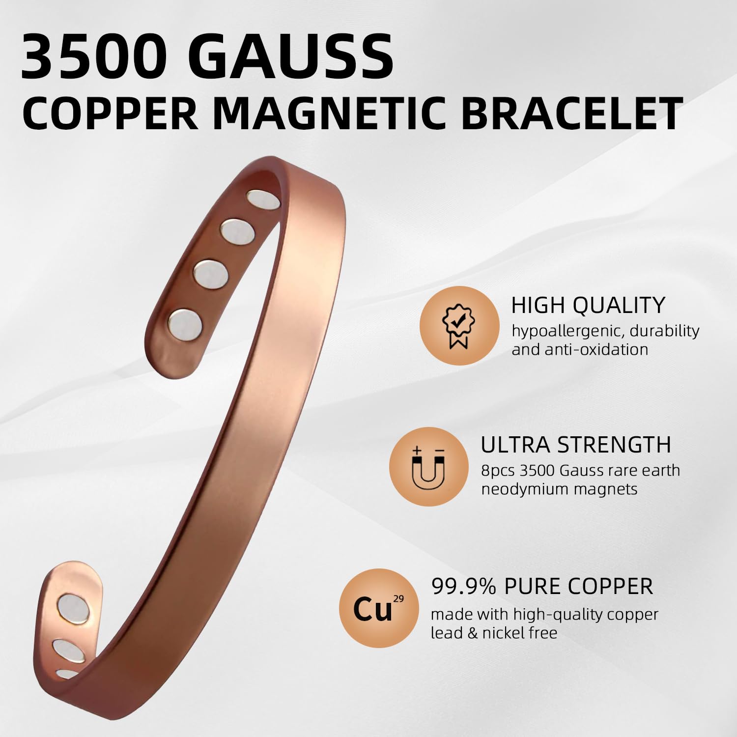 MagEnergy copper bracelet on wrist with adjustable 6.8-inch fit
