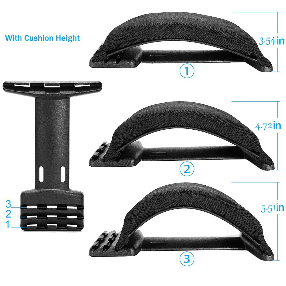 Magic Back Support three-level height adjustment for customizable lumbar support.