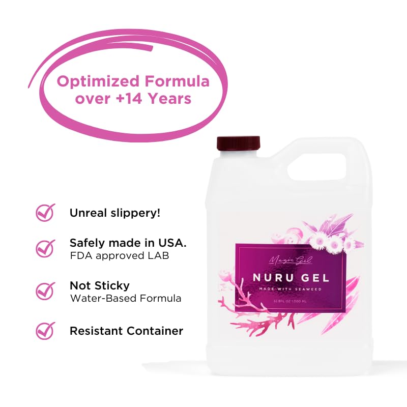 Magic Gel Nuru clear formula highlights fragrance-free application for sheet-safe massages.