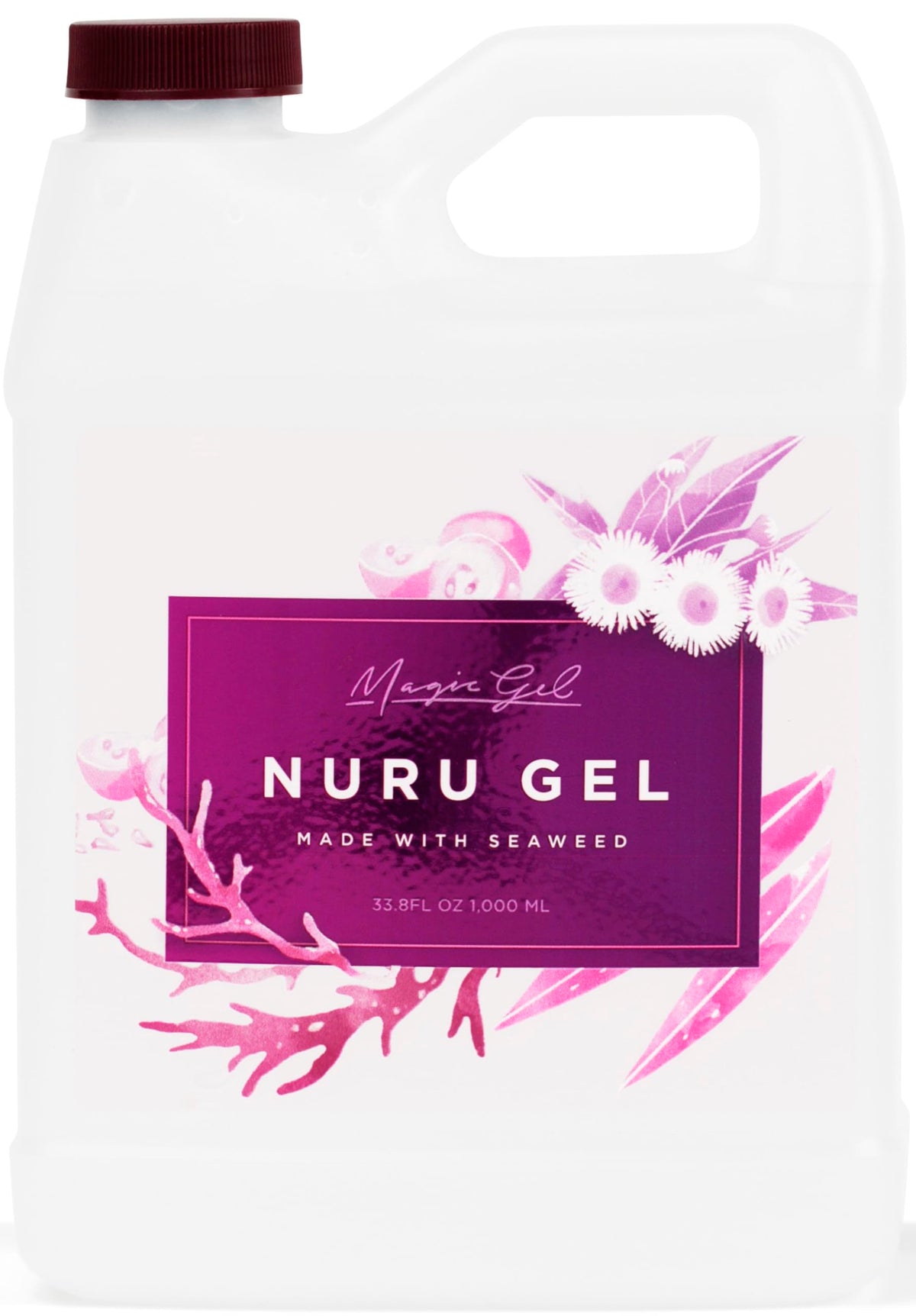 Magic Gel Nuru full-body glide bottle showcases ultra-slippery texture for smooth massages.