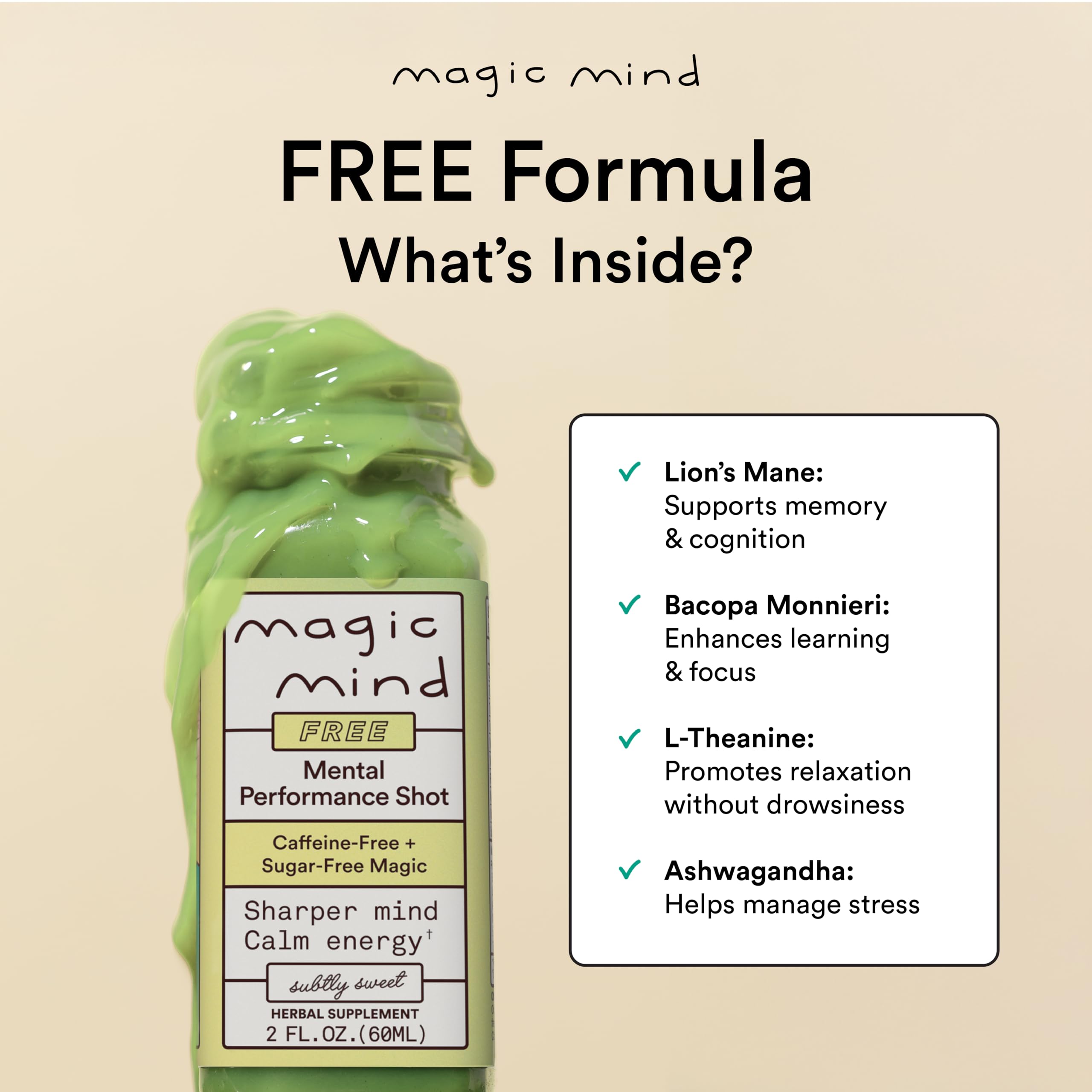 Magic Mind bottle label closeup highlights key ingredients for clarity.