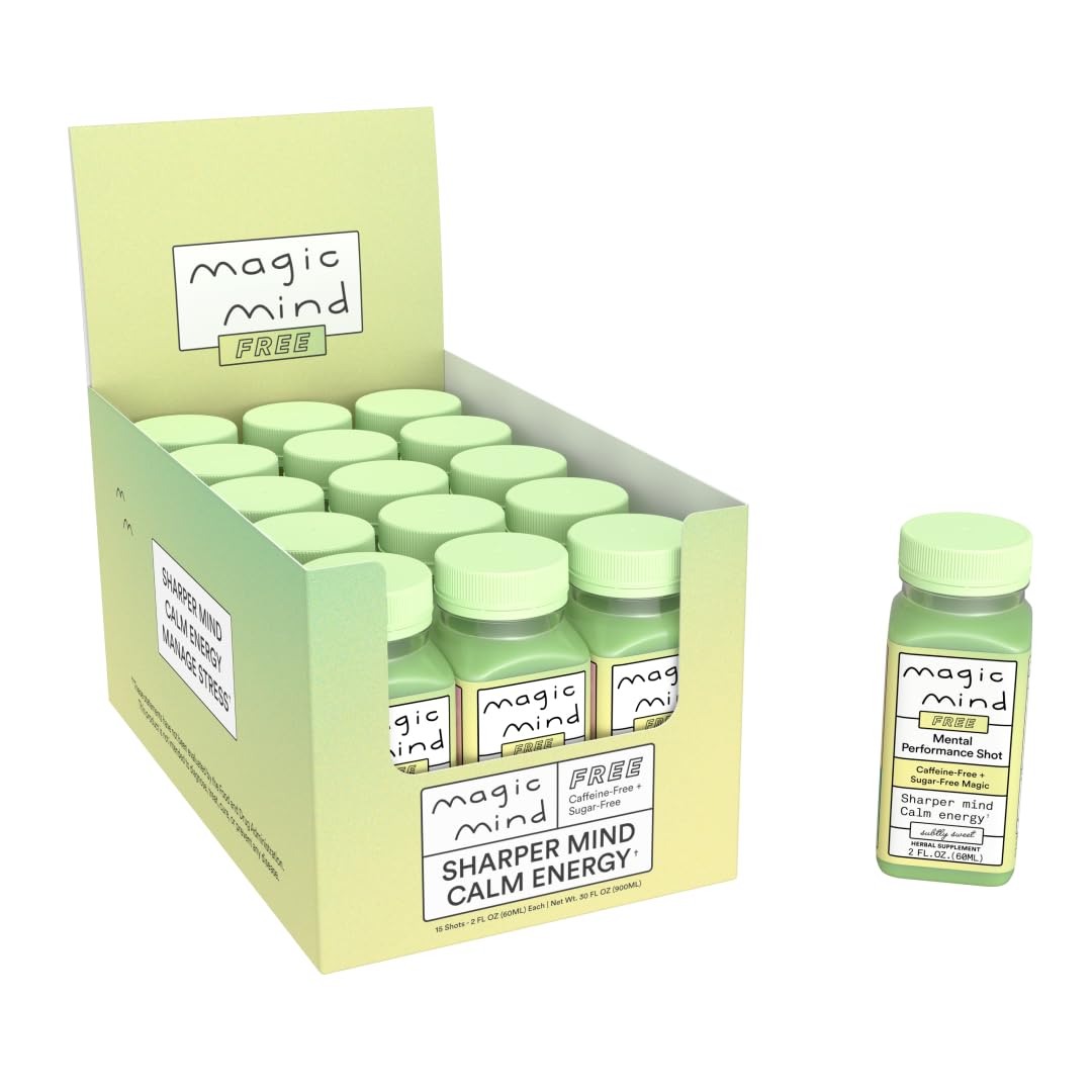 Magic Mind energy shot bottle promotes sustained focus.
