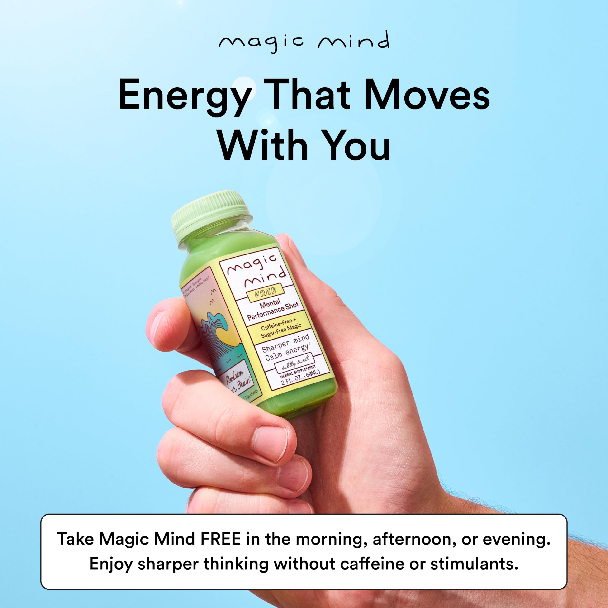 Magic Mind energy shot closeup with vitamin B12 and C benefits.