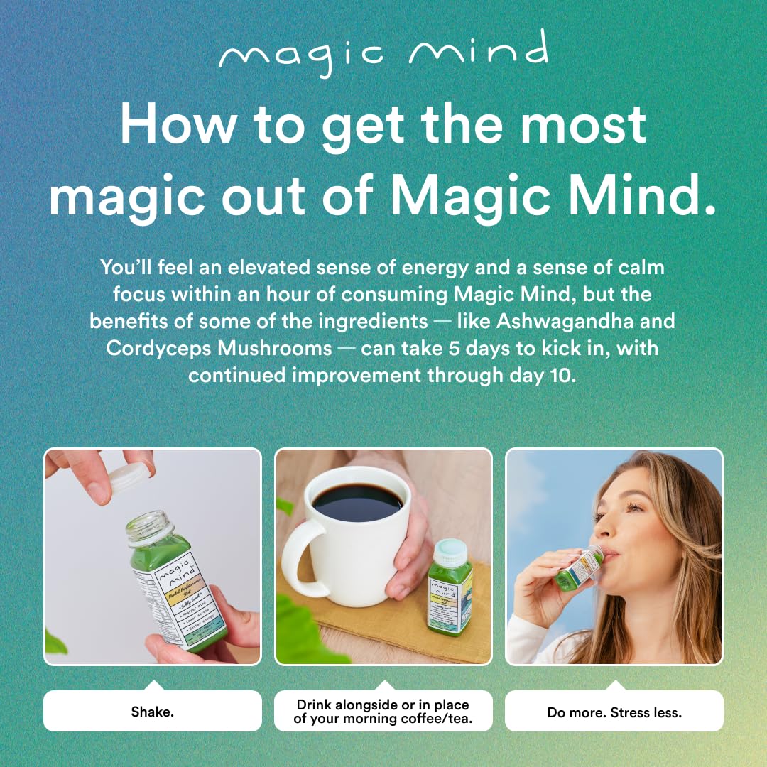 Magic Mind energy shot color gradient background enhances premium, modern feel.