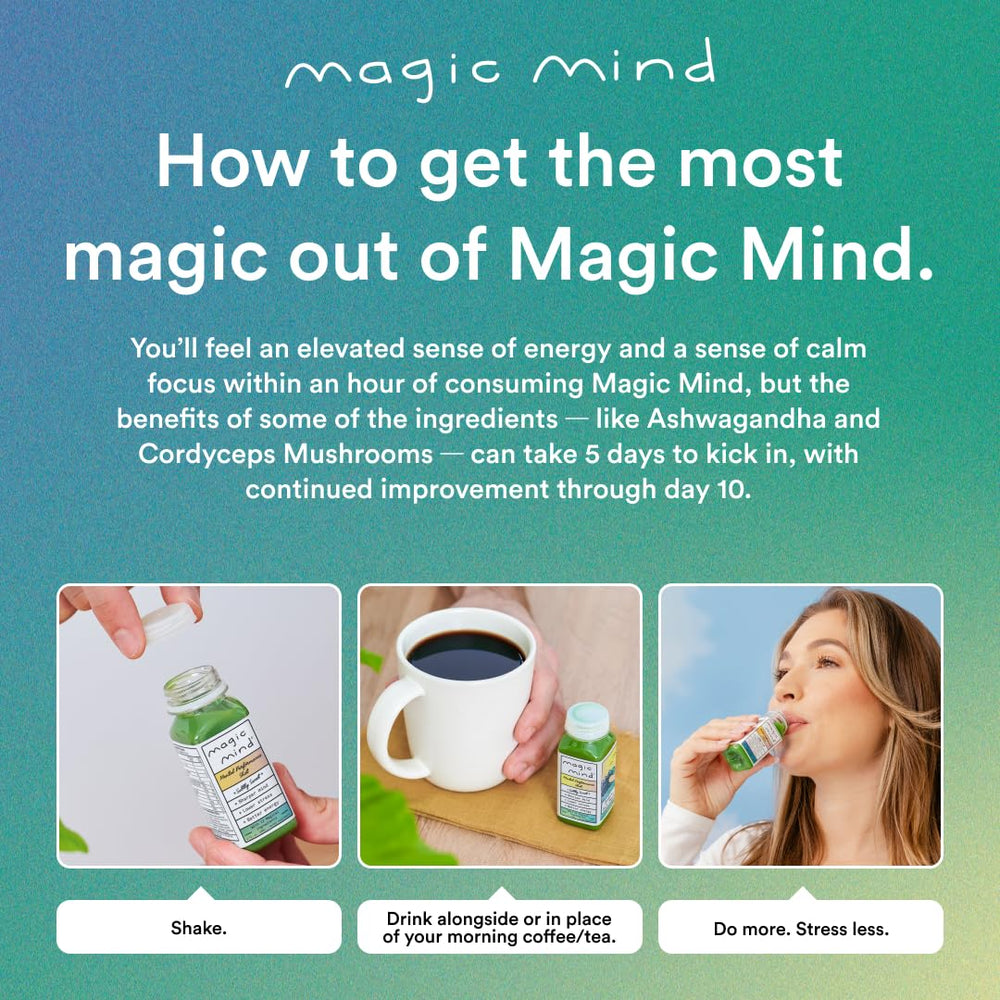 Magic Mind energy shot color gradient background enhances premium, modern feel.
