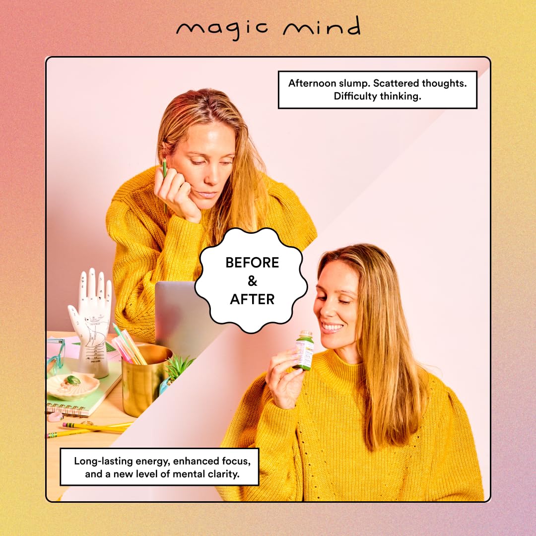 Magic Mind Energy Shot in a glass shows ready-to-drink convenience for on-the-go focus.