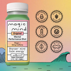 Magic Mind Energy Shot ingredients icons highlight natural adaptogens and vitamins.