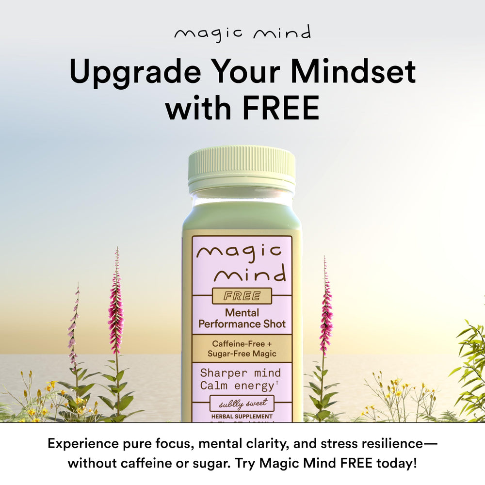 Magic Mind matcha and mushrooms on display for balanced focus.