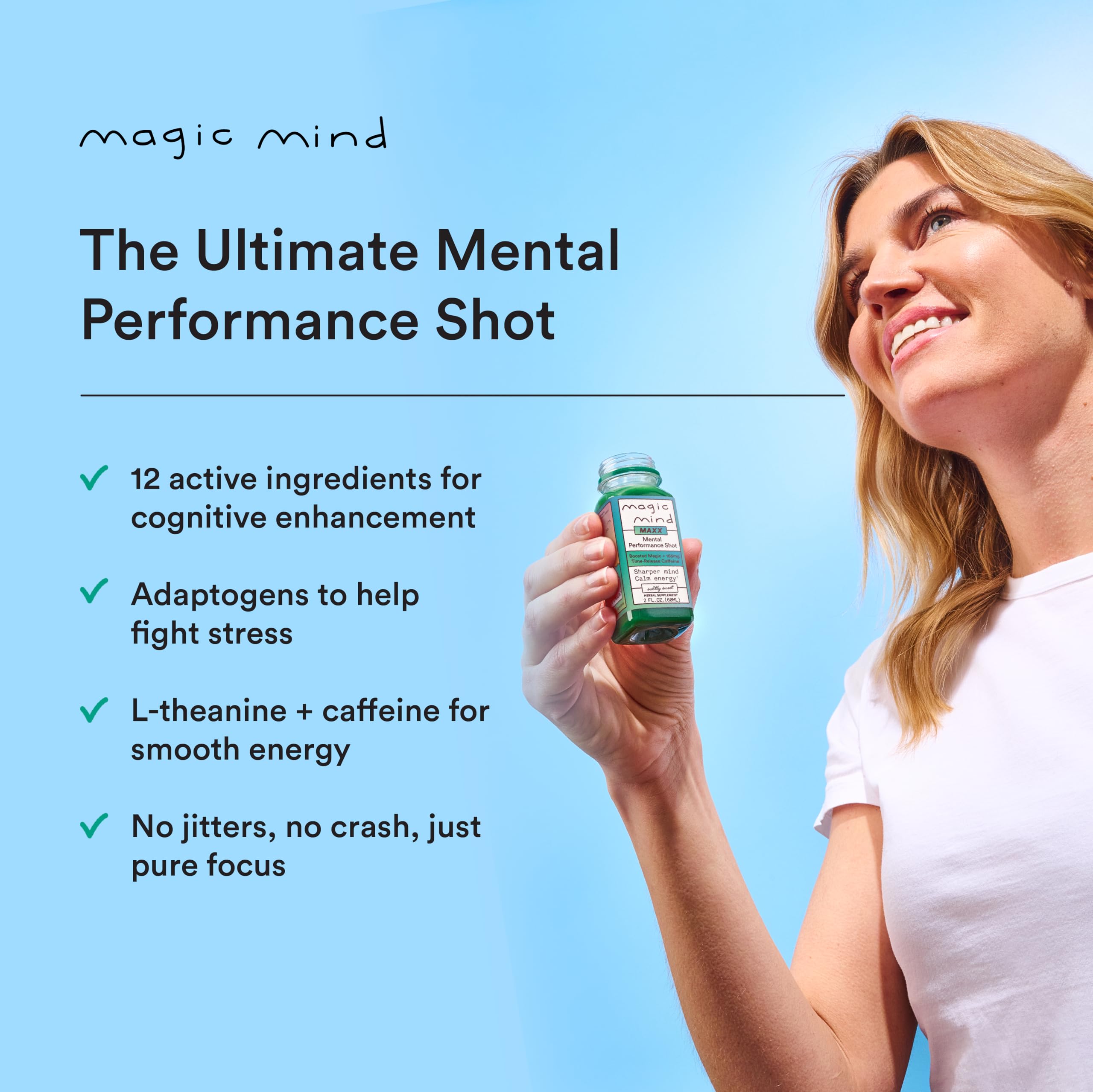 Magic Mind MAXX energy shot in hand during workout break, subtle sweetness
