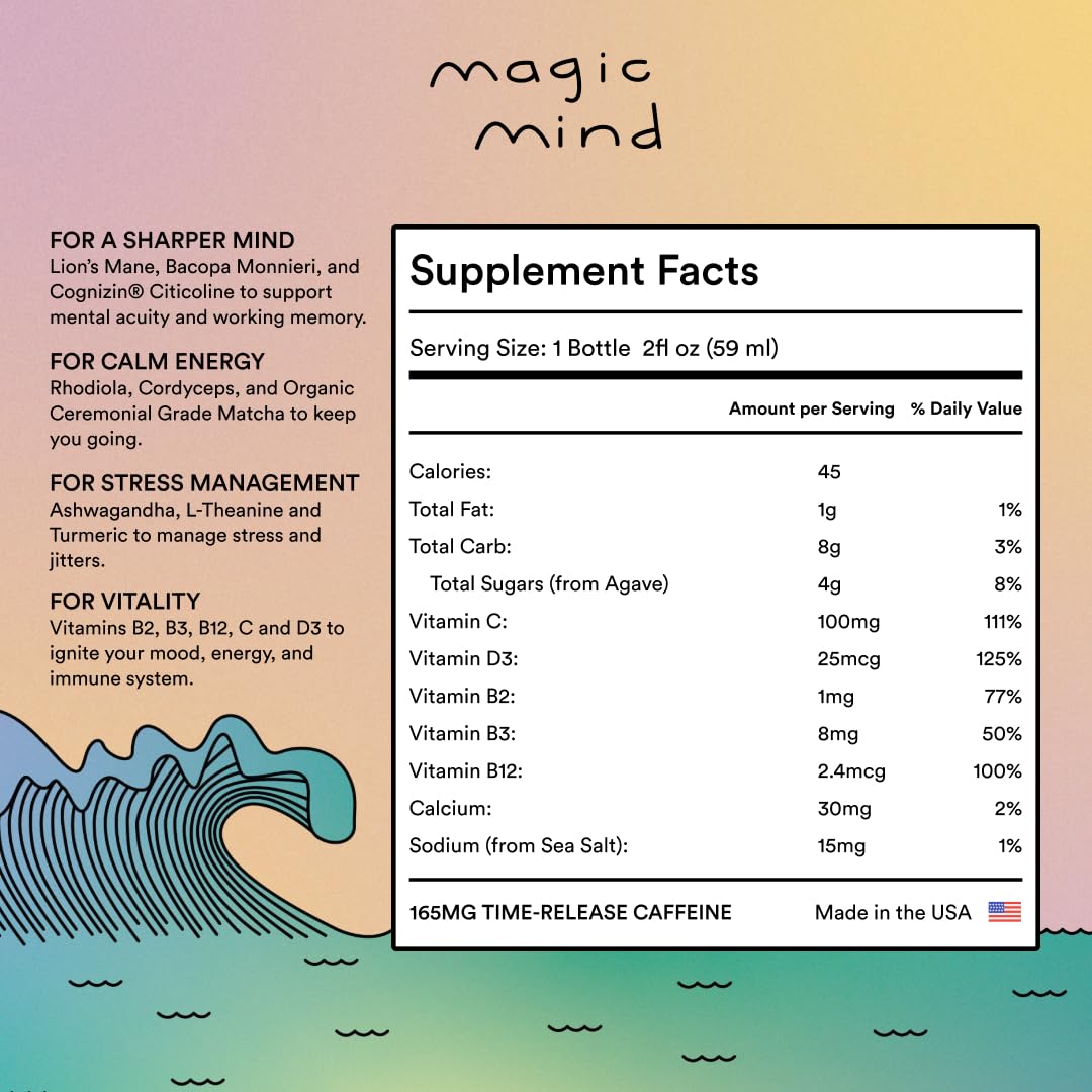 Magic Mind MAXX energy shot ingredients close-up highlight adaptogens and vitamins