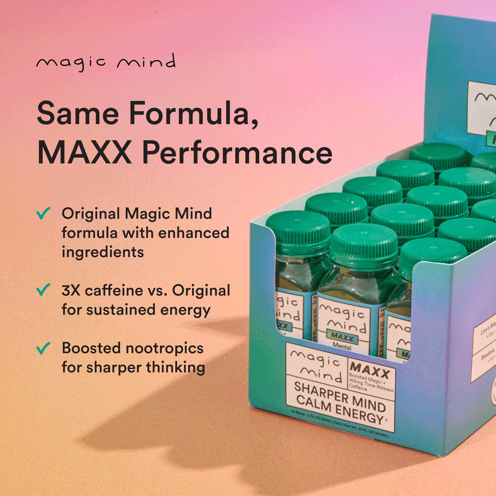 Magic Mind MAXX energy shot on a desk with notebook ideal for focused work