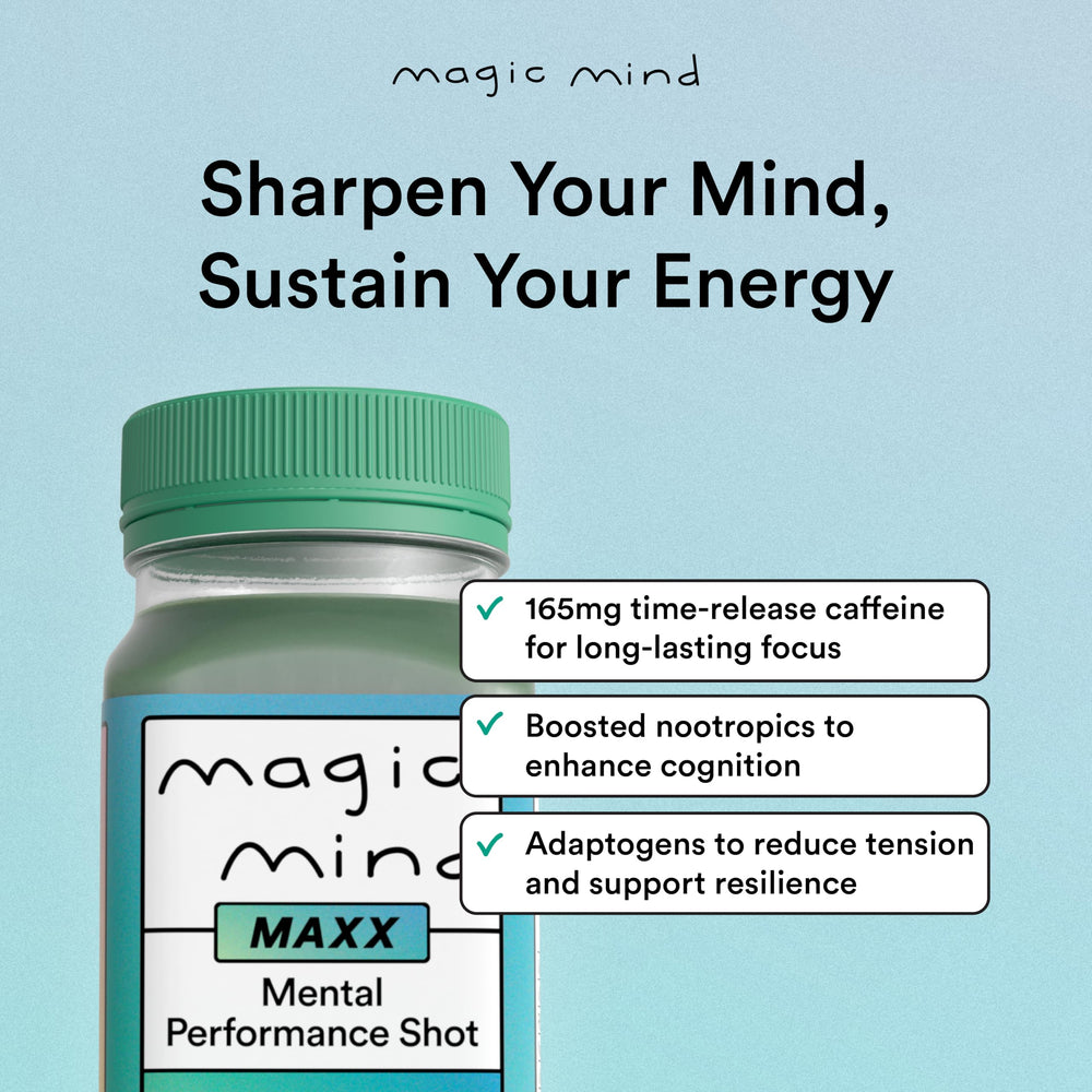 Magic Mind MAXX energy shot box packaging signals convenient, portable energy