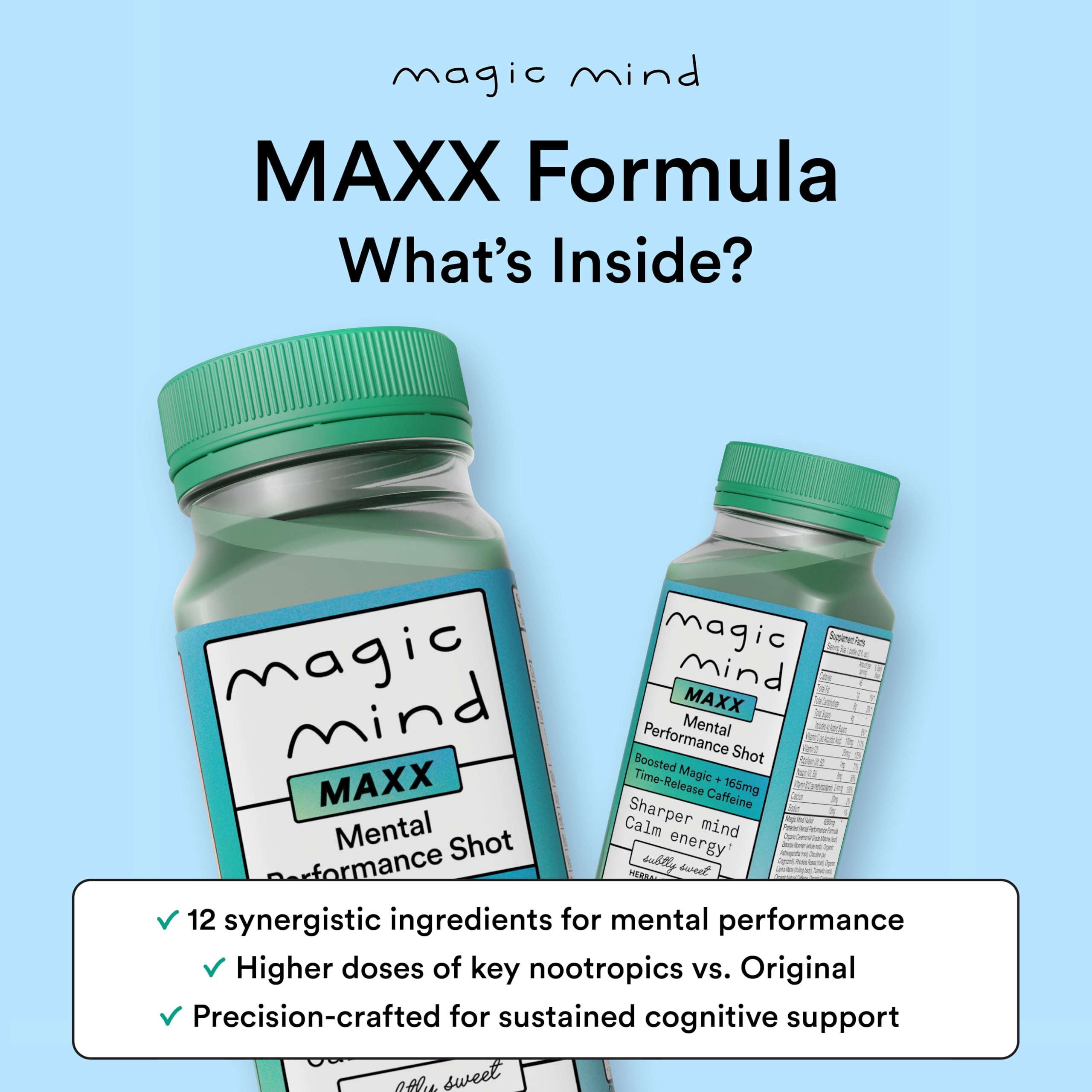 Magic Mind MAXX energy shot being poured into a glass showcasing smooth taste and balance