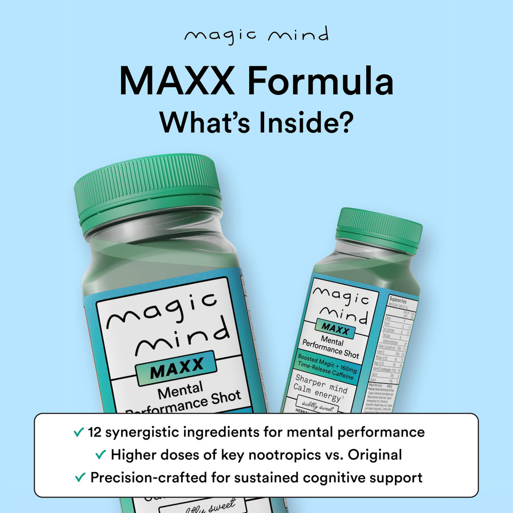 Magic Mind MAXX energy shot being poured into a glass showcasing smooth taste and balance