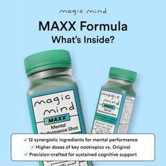 Magic Mind MAXX energy shot being poured into a glass showcasing smooth taste and balance