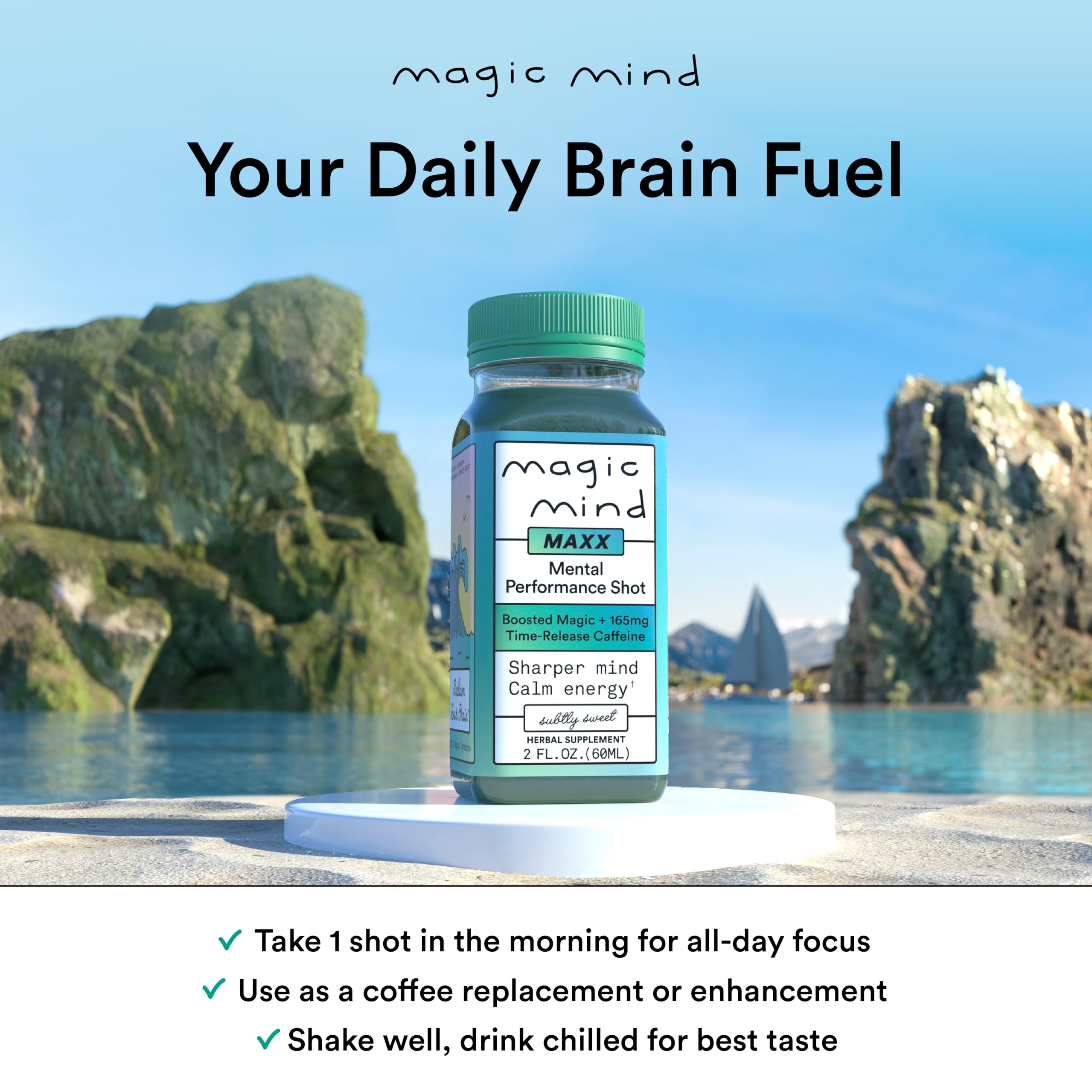 Magic Mind MAXX energy shot ingredients close-up shows Lion’s Mane and Bacopa for focus