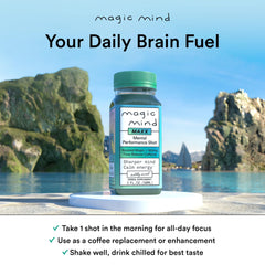 Magic Mind MAXX energy shot ingredients close-up shows Lion’s Mane and Bacopa for focus