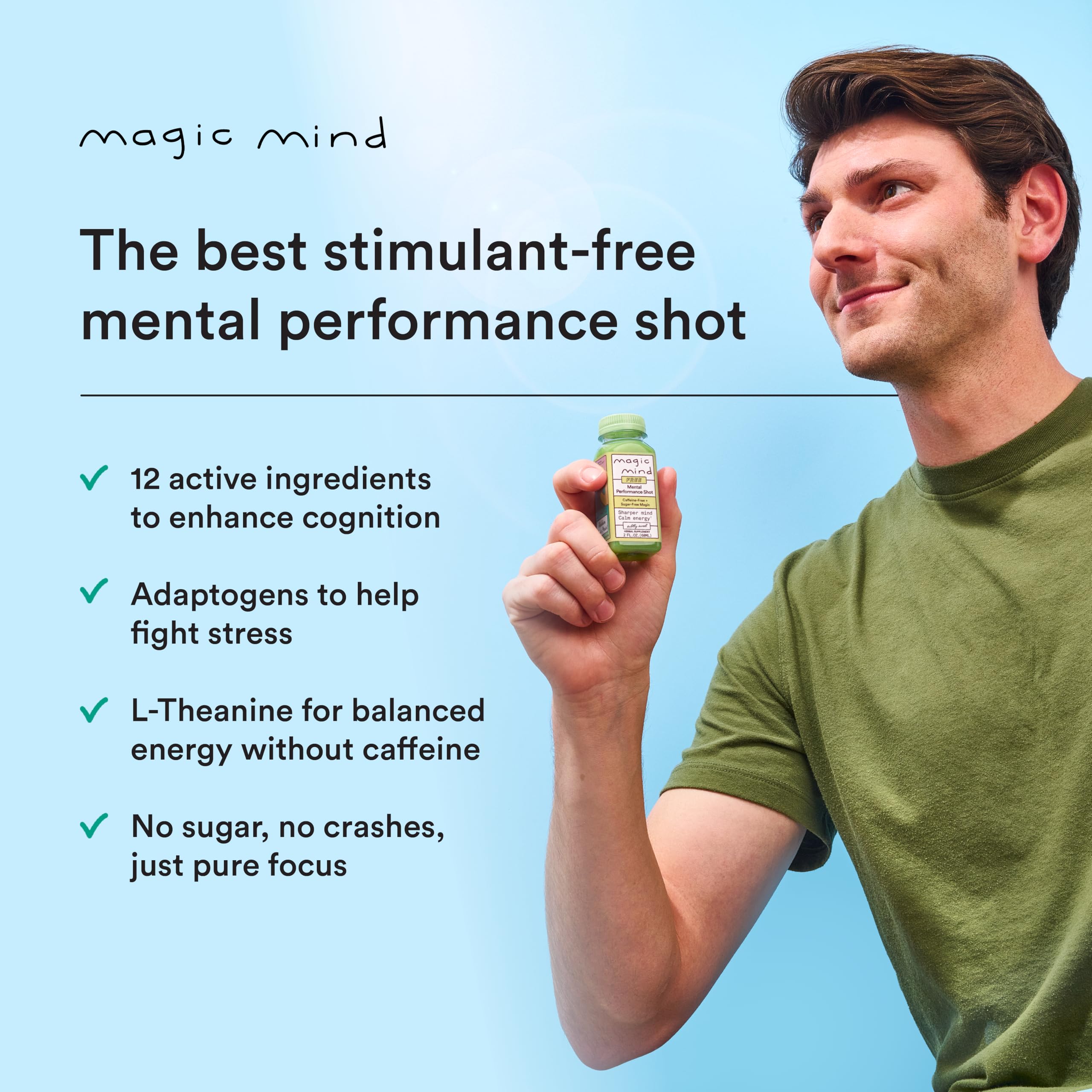 Magic Mind 15-pack on shelf highlights convenient caffeine-free energy.