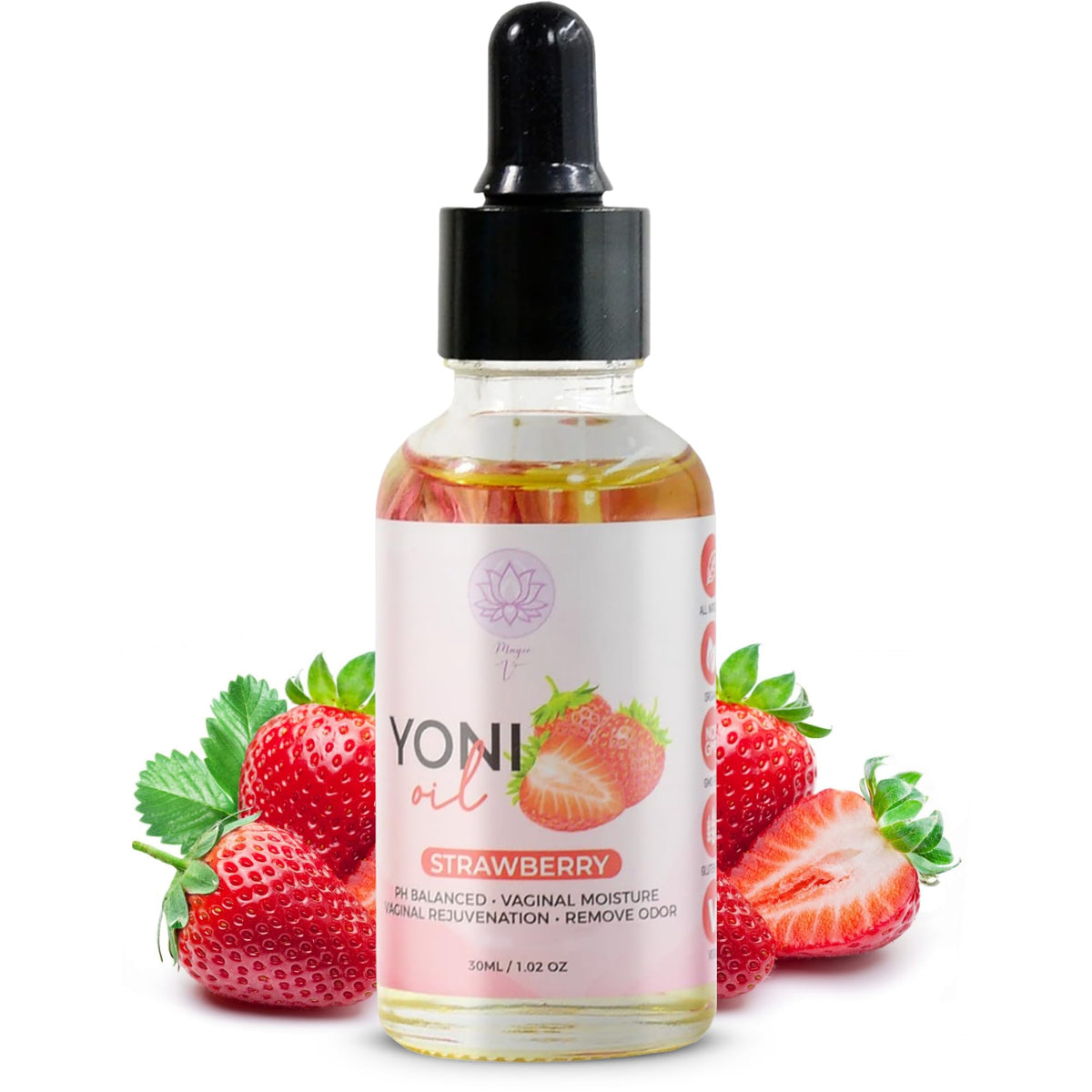 Magic V Steam yoni oil bottle pour demonstrates easy application and fruity aroma.
