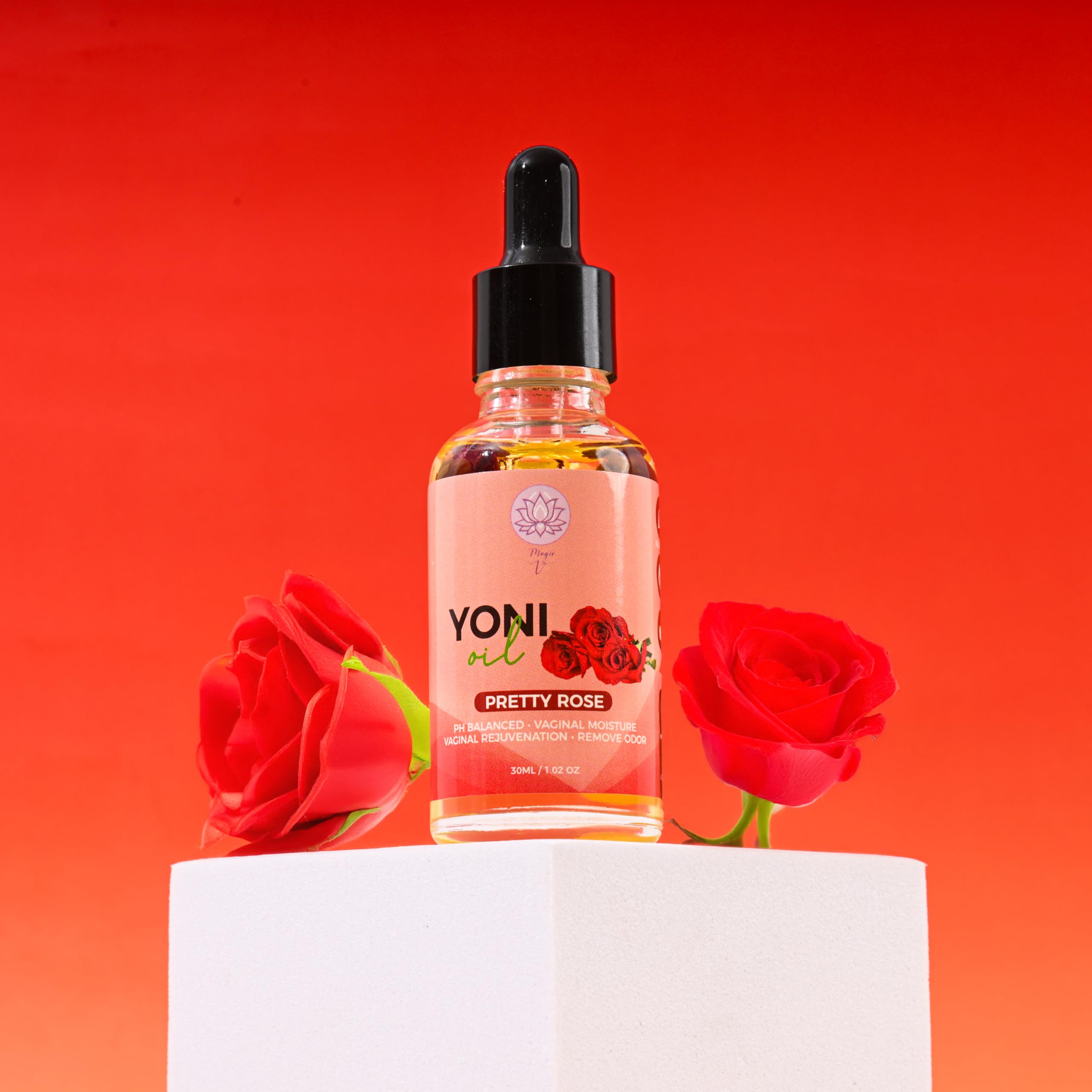 Packaging label on Magic V Steam Yoni Oil highlighting vegan and non-GMO.