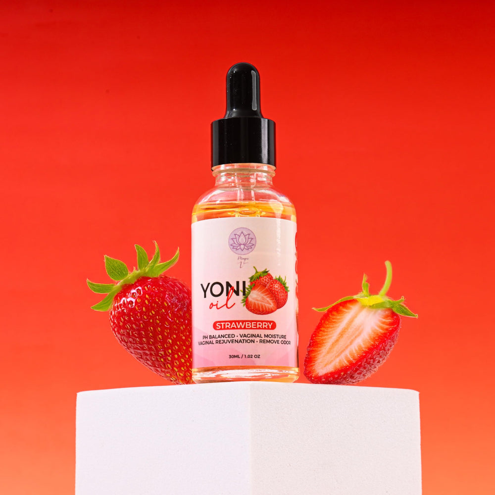 Magic V Steam yoni oil packaging on countertop evokes vegan-friendly care.