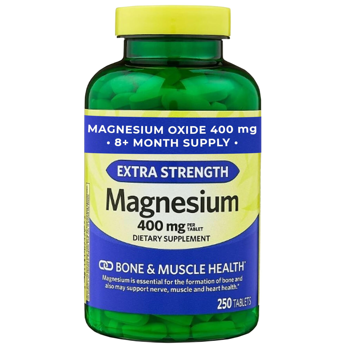 Magnesium Oxide 400mg Supplement bottle label showing the extra strength formula
