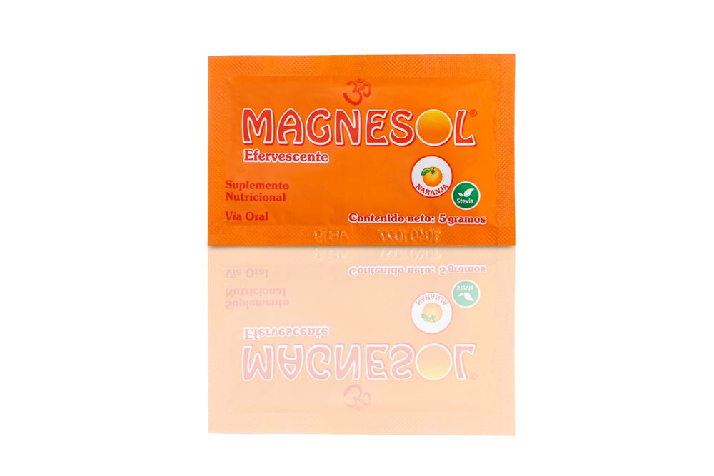 Magnesol Orange pour shows easy-to-mix powder for a refreshing beverage