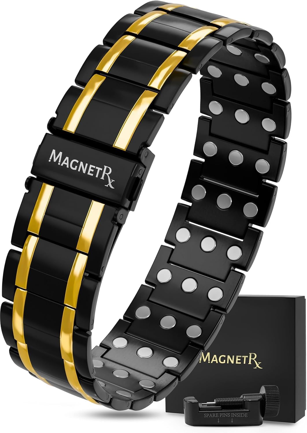 MagnetRX 3X Strength Titanium Magnetic Bracelet front view showing adjustable, secure wear