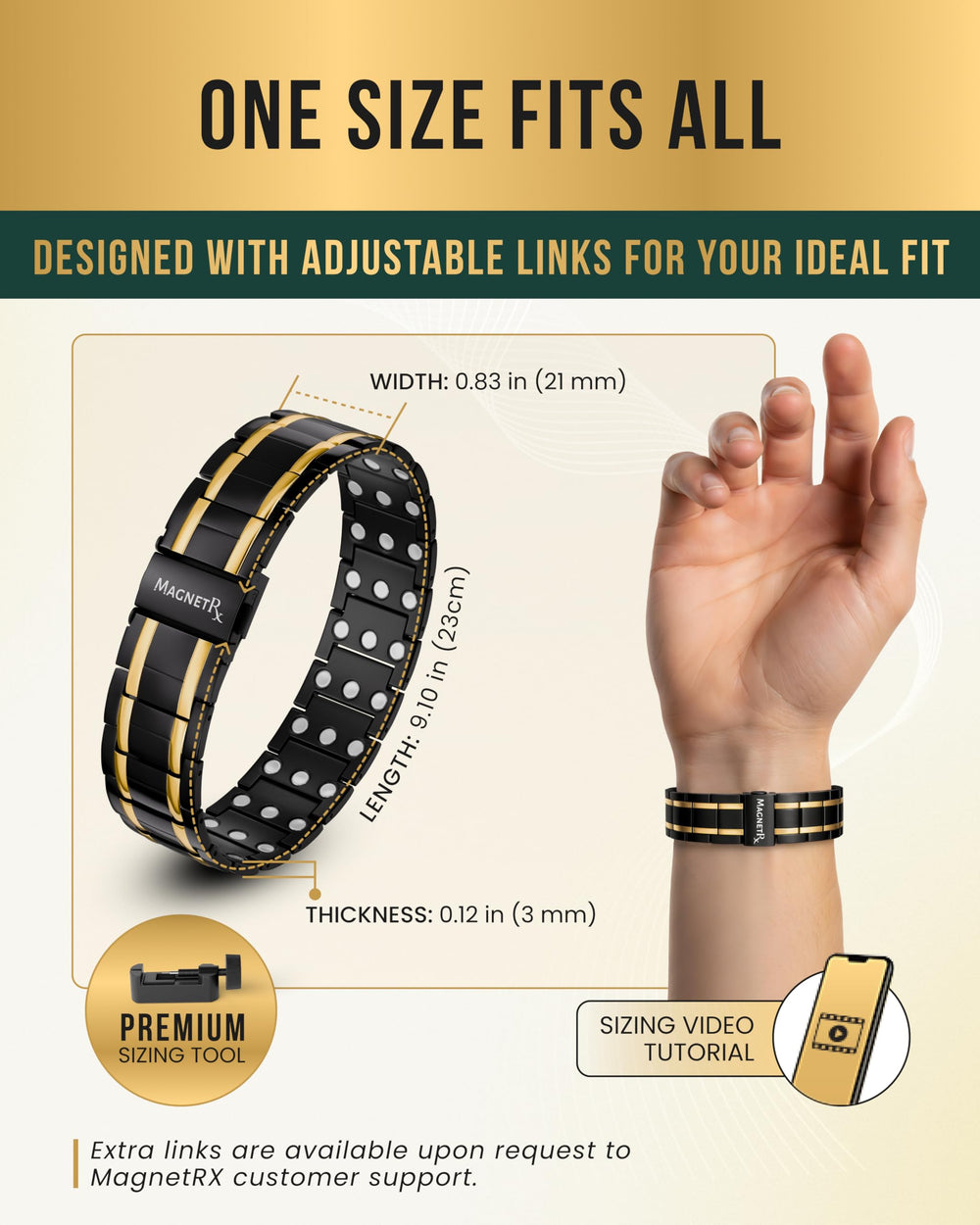 MagnetRX 3X Strength bracelet with sizing tool in use for quick adjustments