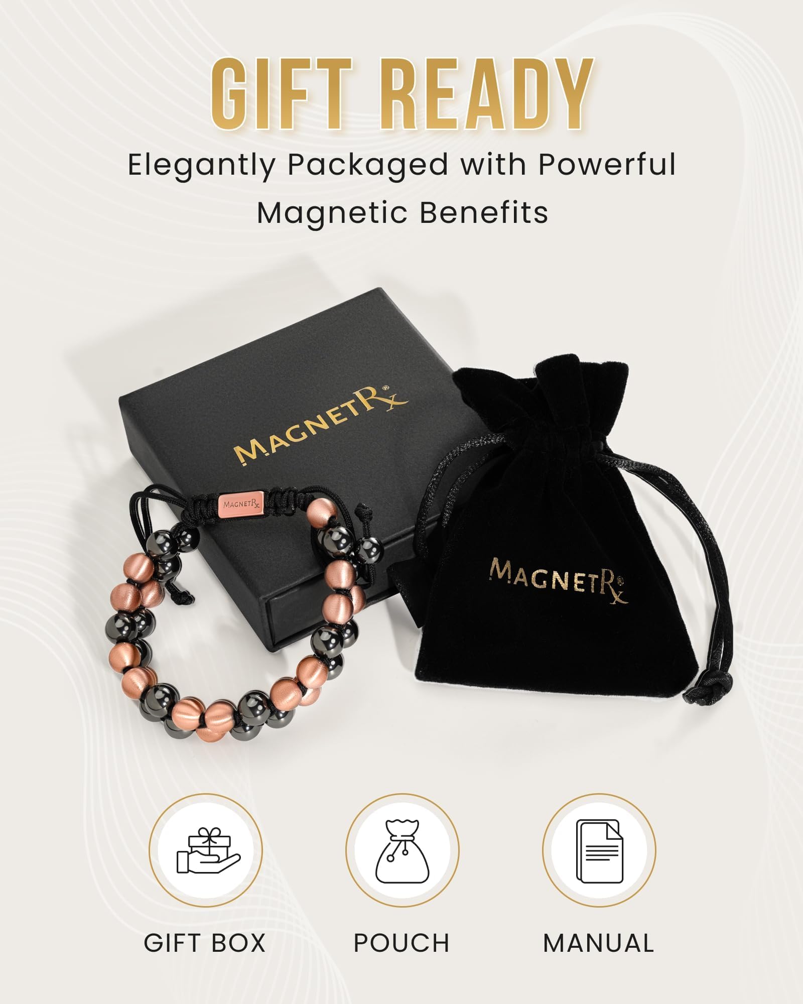 MagnetRX bracelet worn on hand beside wood for daily wear