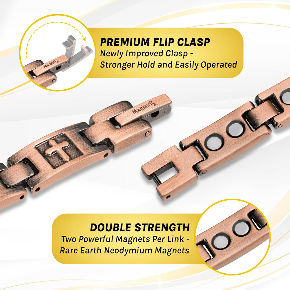 MagnetRX copper cross bracelet with 9-inch length and sizing tool for a perfect fit